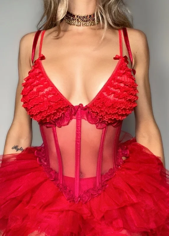 Velvet bustiers for a soft and plush feelSheer Coquette Red Ruffle Mesh Corset – 1990s Deadstock Vintage (Made in USA)