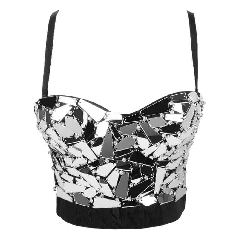Retro - 1950s corsets with a cinched waistSilver Mirror Sequins Embellished Beads Corset Top