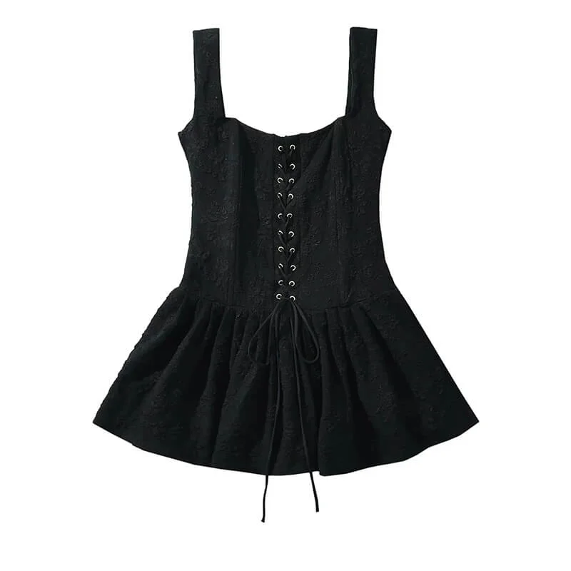 Satin corsets with a shiny and elegant finishCorseted Bodice Tie-up Front Pleated Square Neck Mini Dress Satin corsets with a shiny and elegant finishCorseted Bodice Tie-up Front Pleated Square Neck Mini Dress