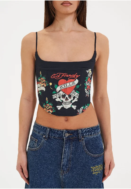 Halloween - themed corsets for a spooky costumeWomens Love Kills Tattoo Corset Top - Navy