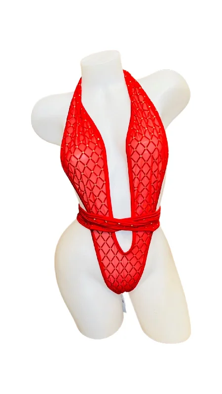 Designer Lingerie Sets for Women Mesh and Velvet Wrap with Dots Red