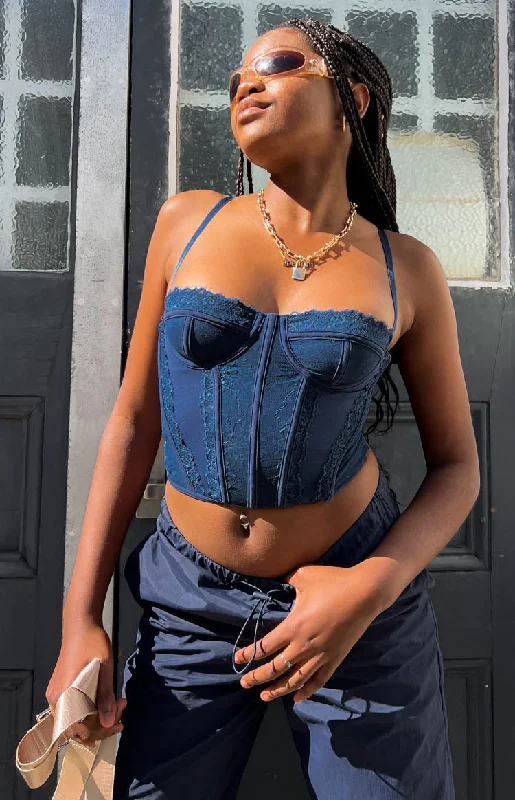 Supportive bustiers for large - busted womenEvangeline Blue Lace Corset Top