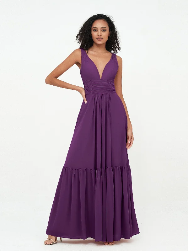 Deep-V Neck Chiffon Tiered Skirt Boho Dresses-Grape