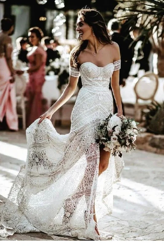 Elegant Sweetheart Long Front Split Lace Boho Wedding Dresses Beach Wedding Dresses N1403L